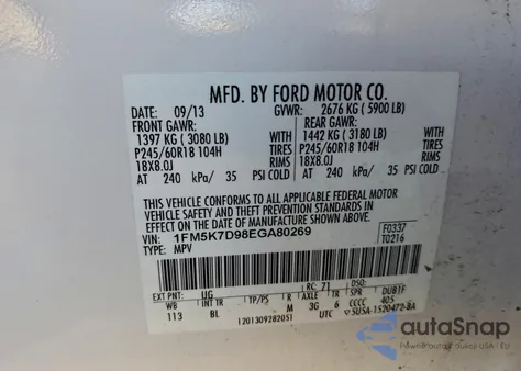 2014 Ford Explorer Xlt из США, поврежденный, VIN 1FM5K7D98EGA80269